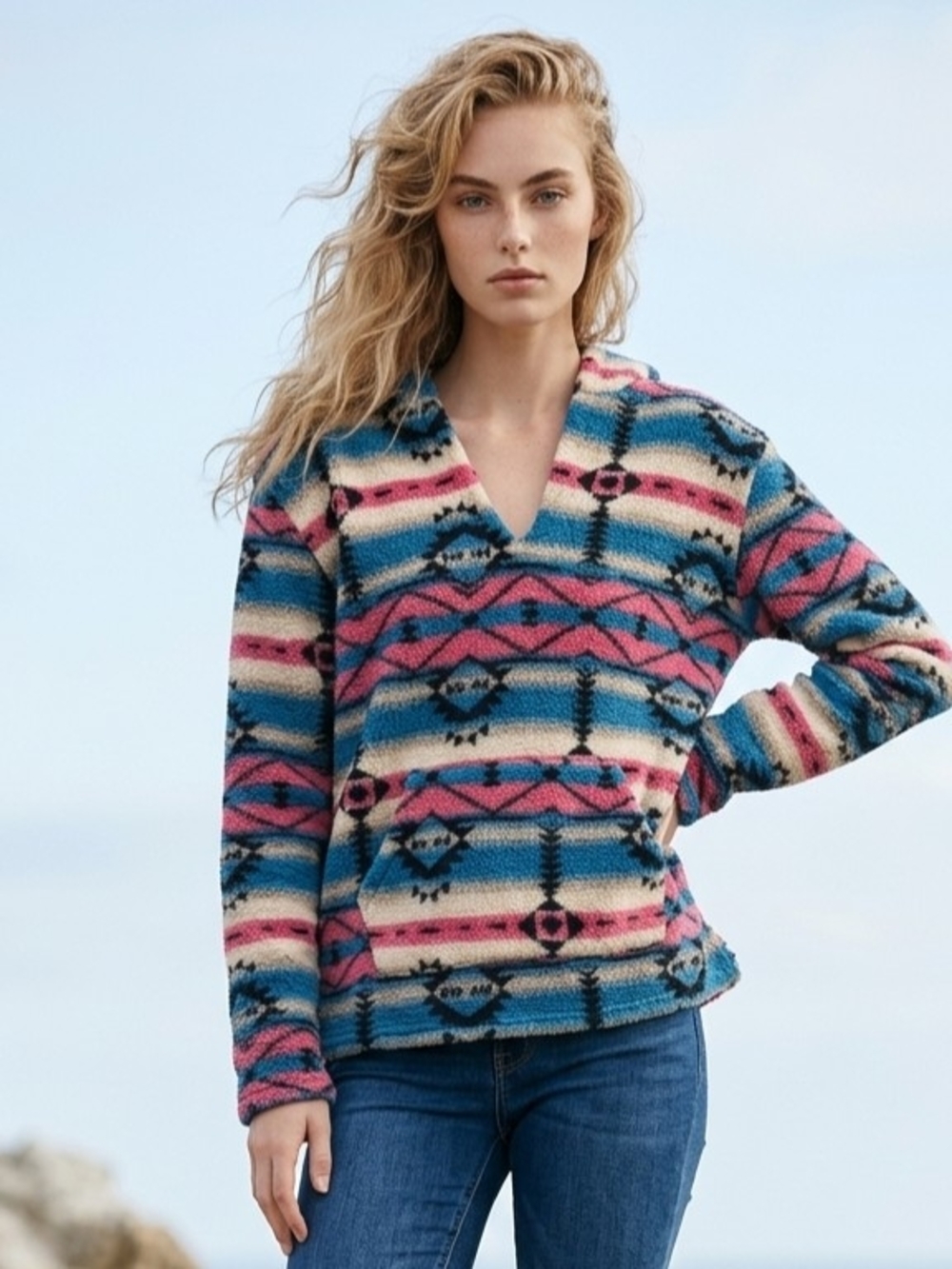 Blue B Collection Pink and Blue Aztec Design Sherpa Pullover Hoodie M EUC